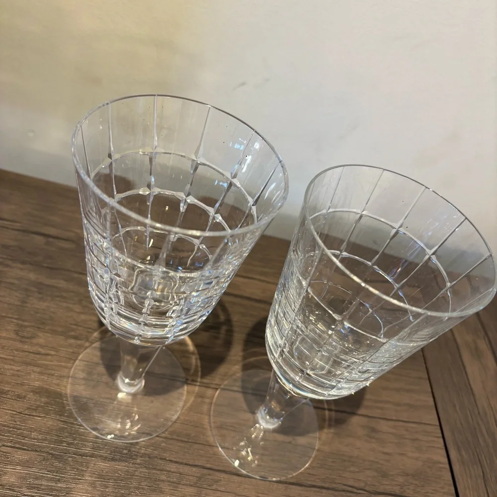 Vintage Crystal Clear Faceted Wine Goblets Glasses - Set of 2
